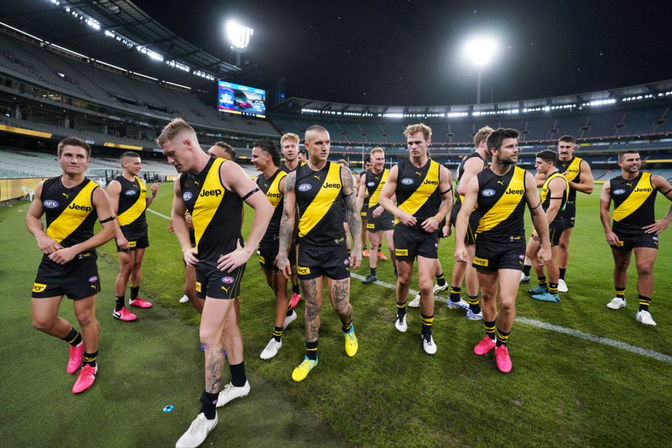 Richmond players after their win over Carlton at an empty MCG on Thursday night. 