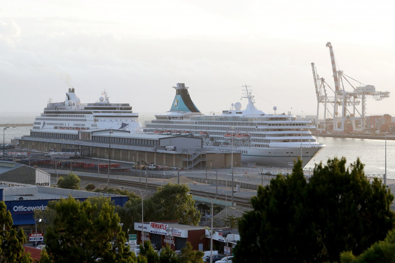The Vasco da Gama cruise ship docks behind the cruise ship Artania in Fremantle harbour in Fremantle on Friday.