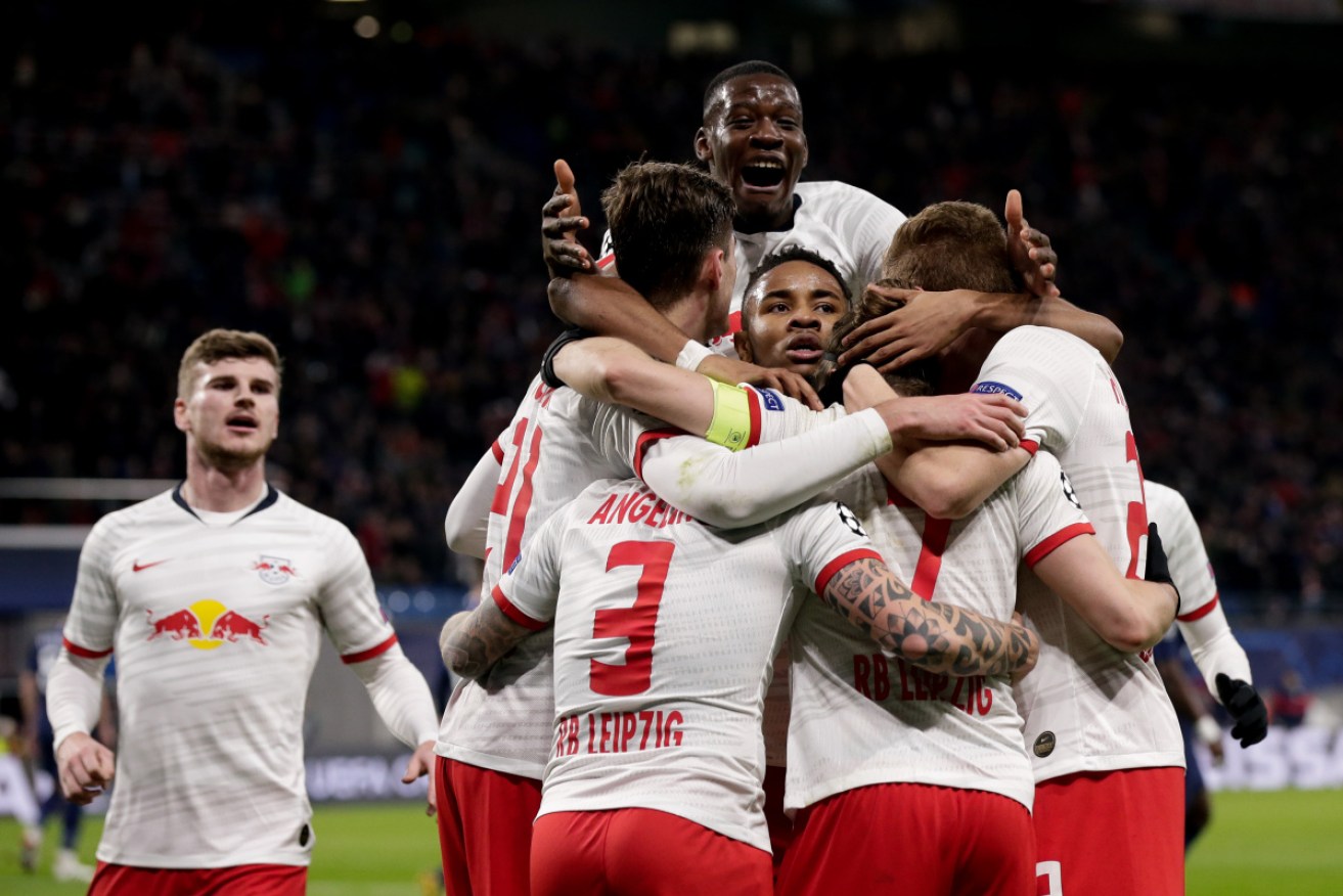 RB Leipzig players celebrate going 2-0 up on the night.