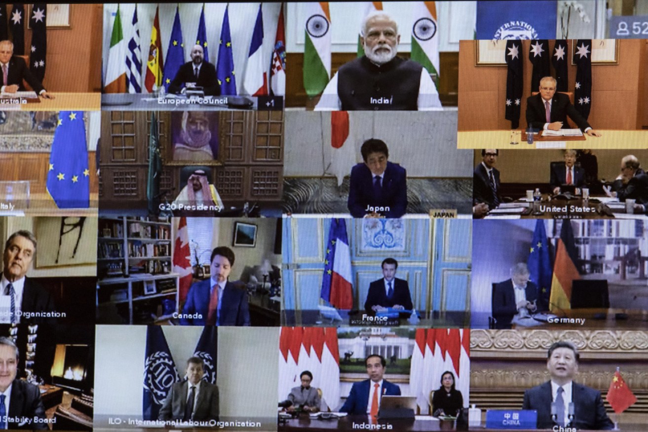 : A view of members taking part on screen during an unusual G20 Leaders’ Summit to discuss the international coronavirus crisis.