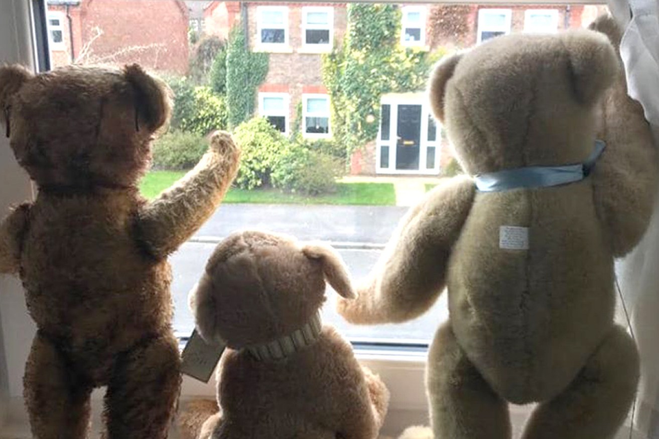 Teddy bears under coronavirus lockdown, but still on patrol in Britain. 