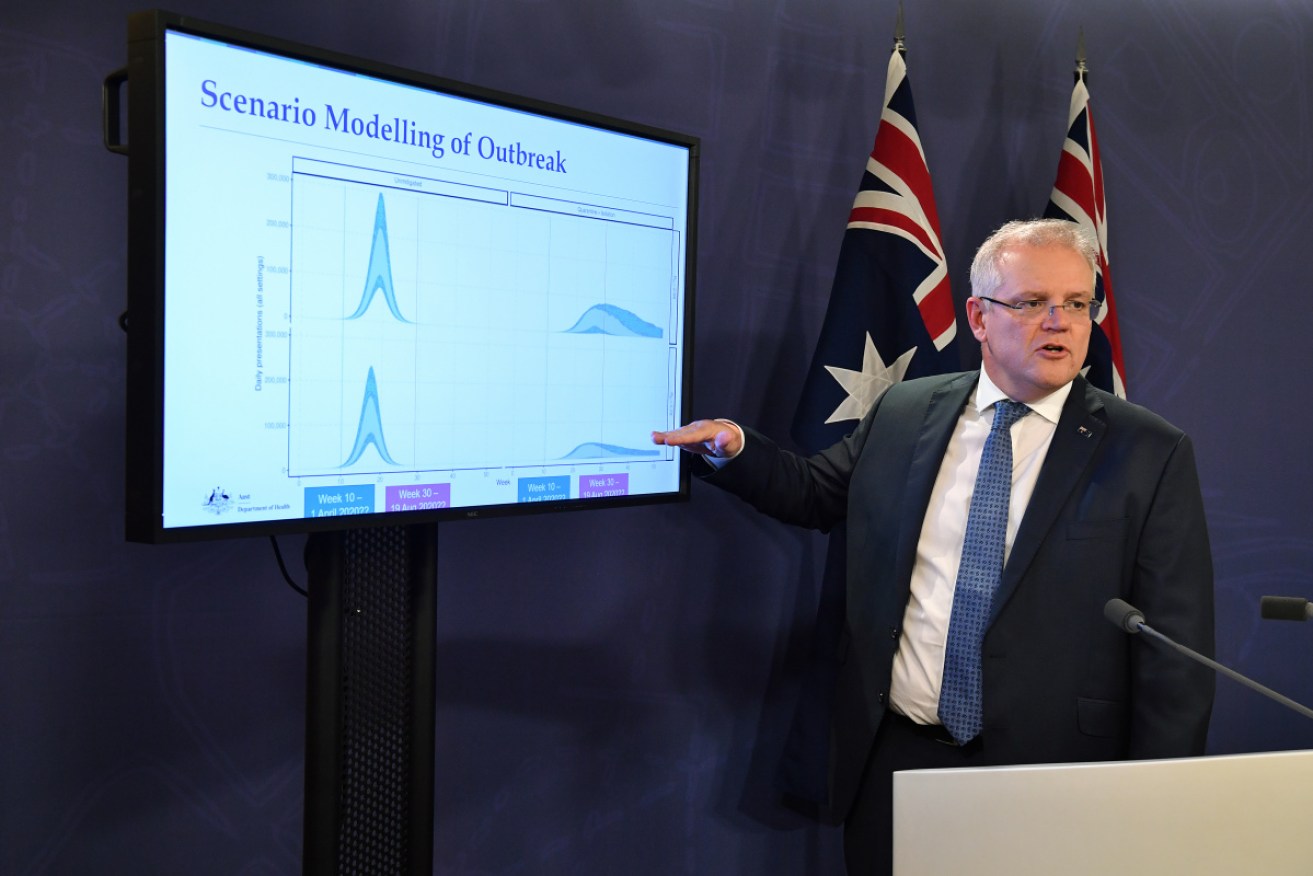 Prime Minister Scott Morrison outlines coronavirus  modelling to media in Sydney on Sunday.