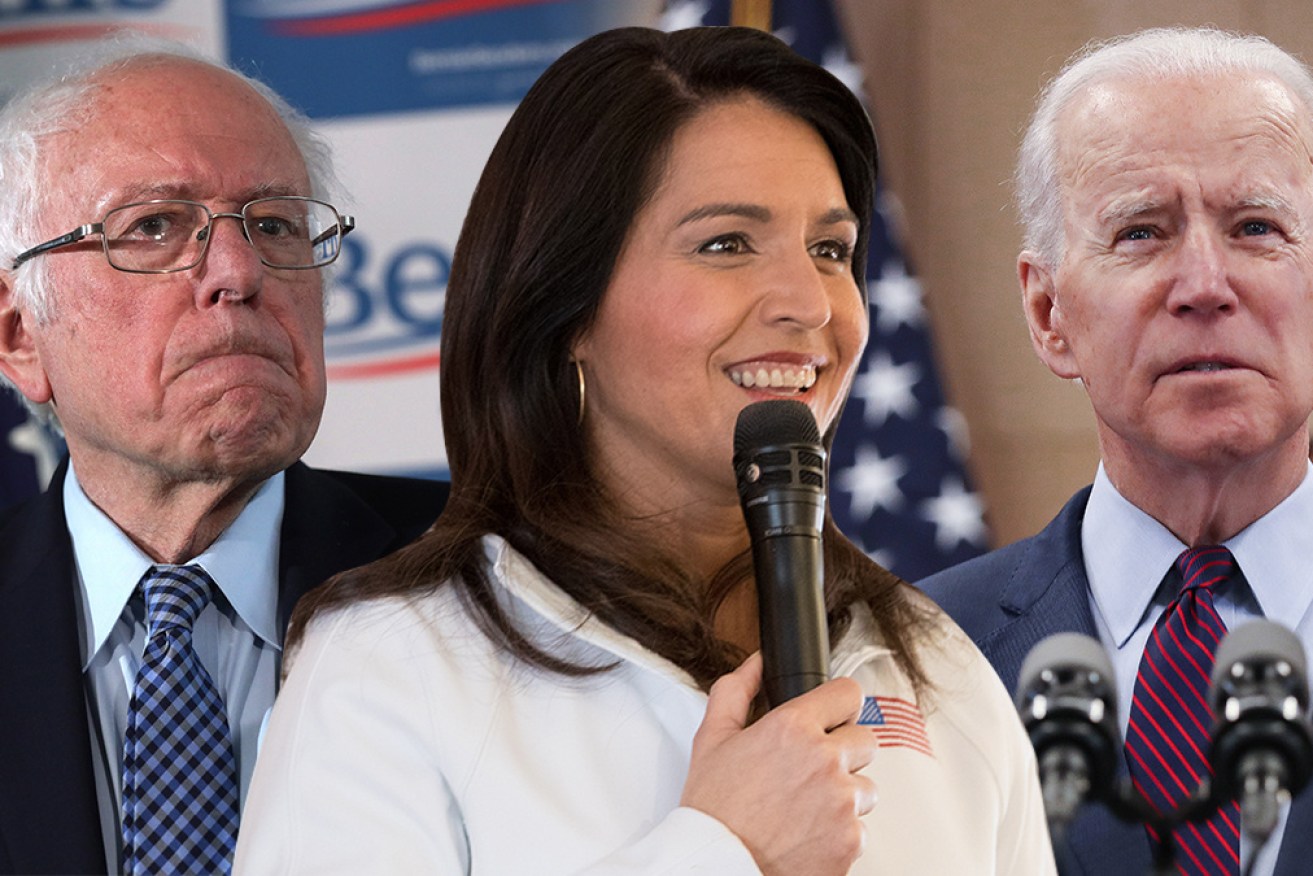 Bernie Sanders, Tulsi Gabbard and Joe Biden (L-R) are the last remaining Democrats vying to take out Donald Trump.