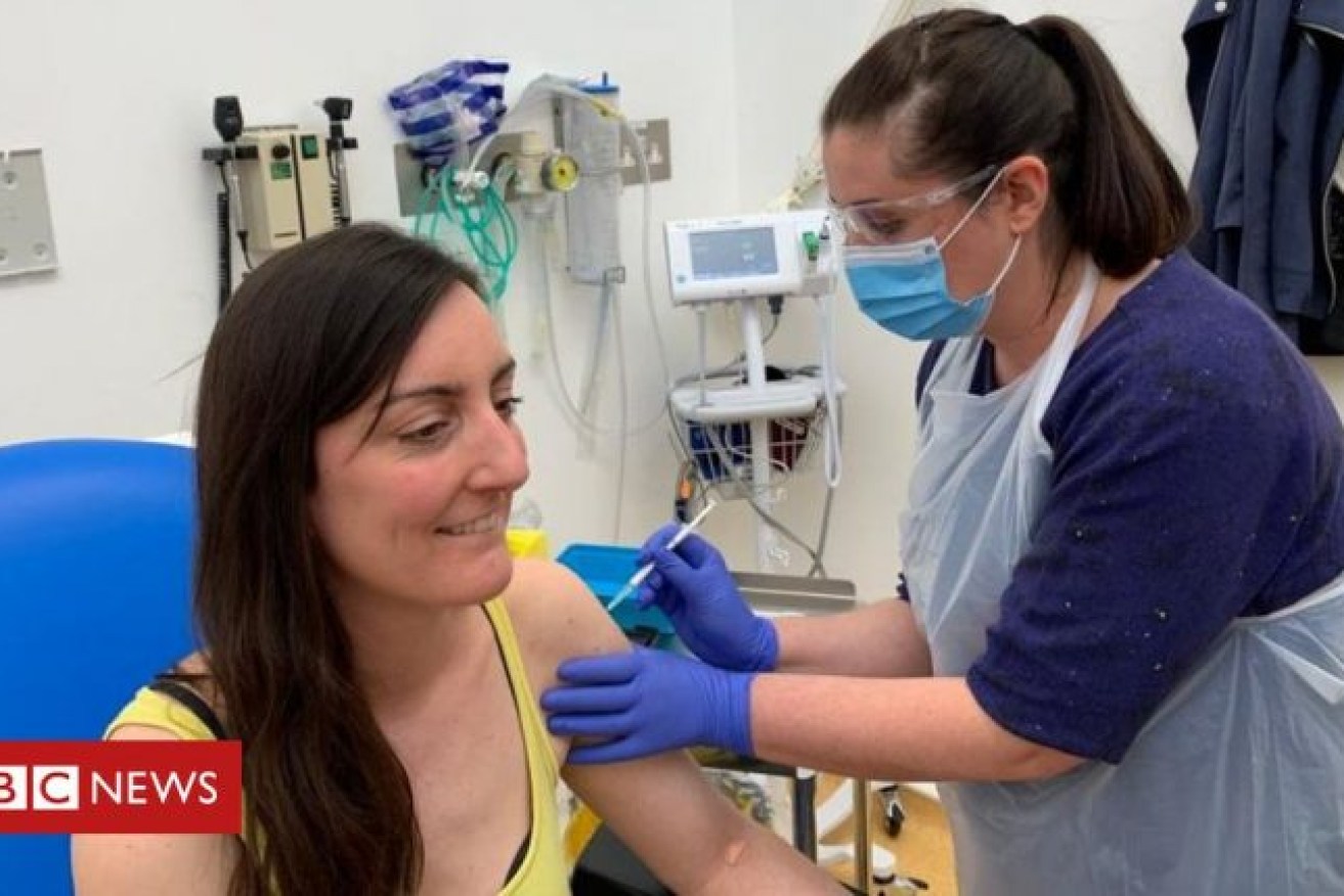 Dr Elisa Granato, an Oxford microbiologist, the first human to trial the new Oxford vaccine. She received her jab on Thursday. 