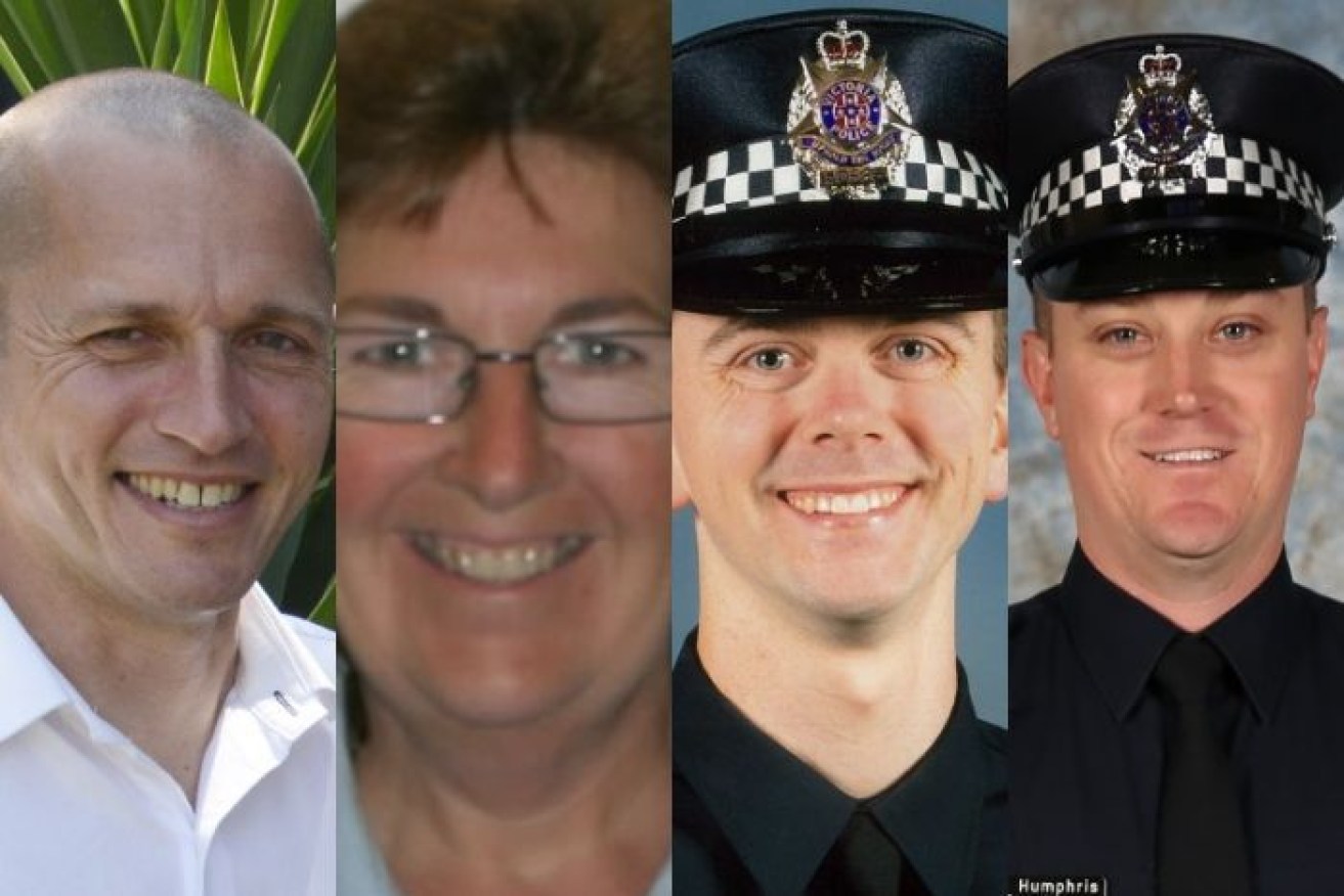 Senior Constable Kevin King, Leading Senior Constable Lynette Taylor, Constable Josh Prestney and Constable Glen Humphris died on the freeway. 