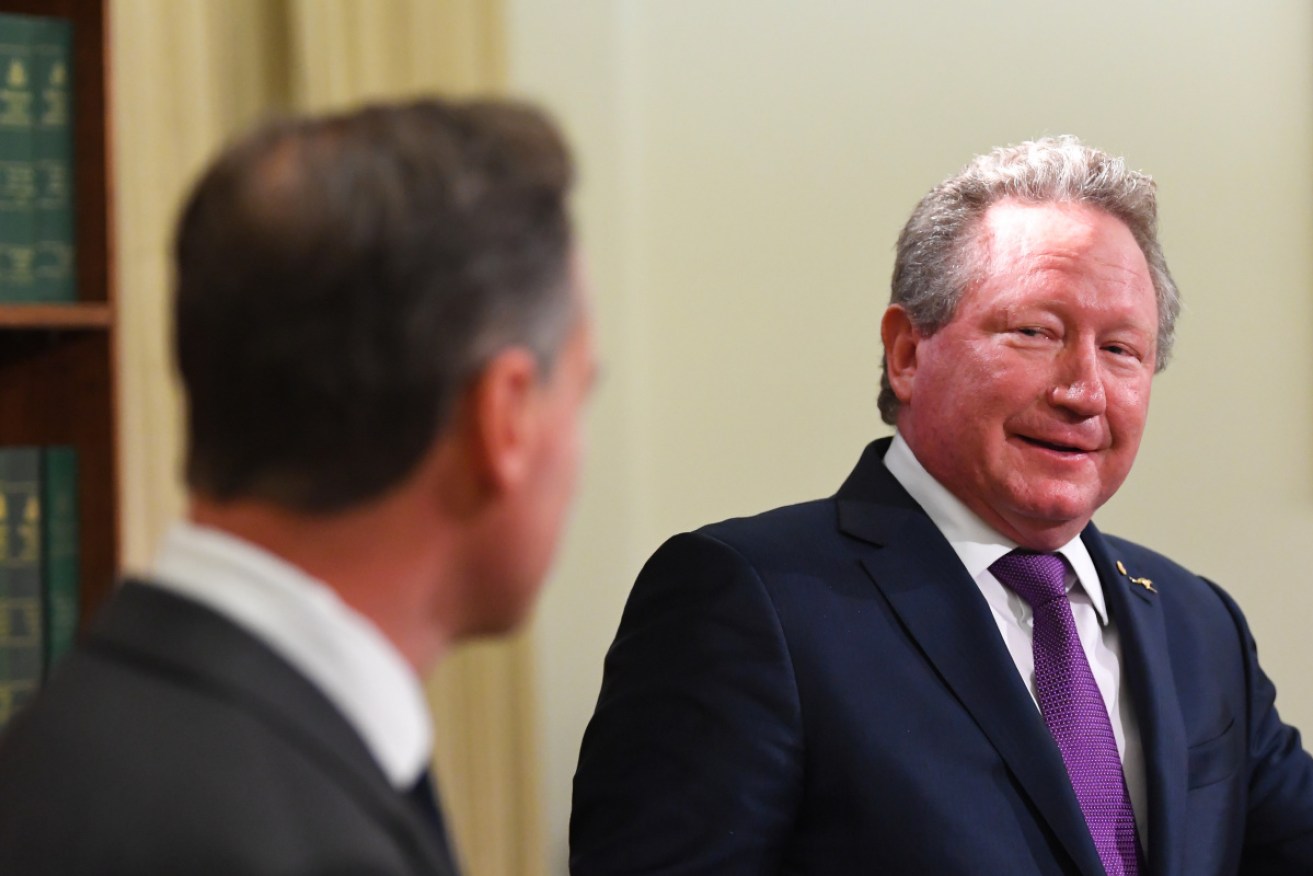 Andrew Forrest (right) and Health Minister Greg Hunt at Wednesday's briefing at the Commonwealth Parliamentary Offices in Melbourne.