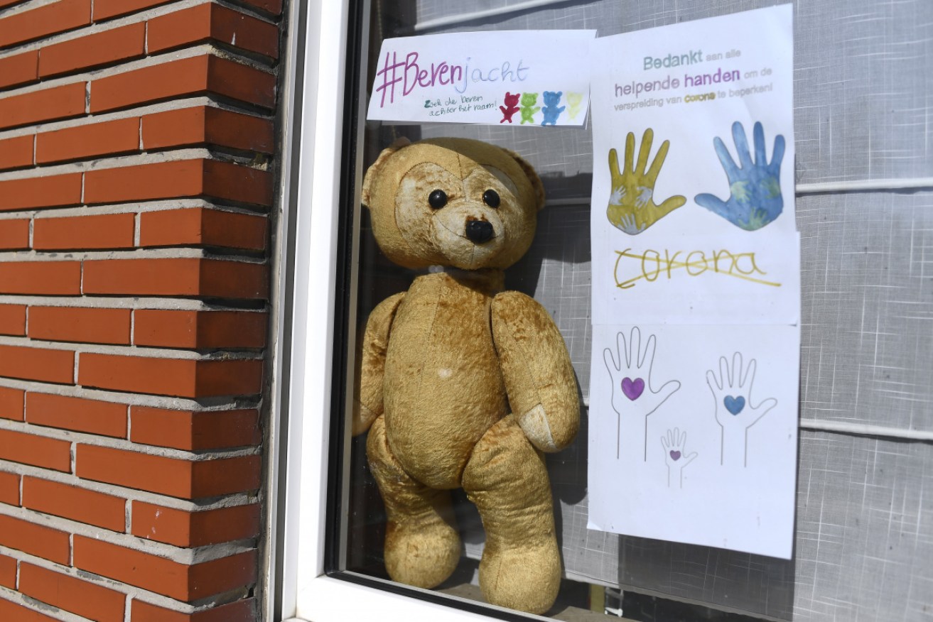 A teddy bear placed in a window as part of a bear hunt game for children amid the coronavirus lockdown.
