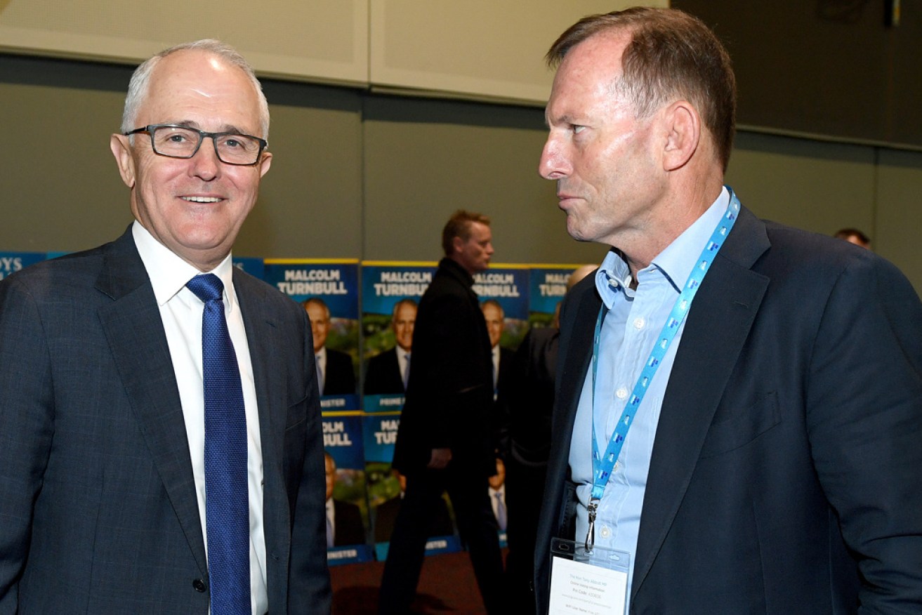 Former prime minister Malcolm Turnbull with Tony Abbott at a Liberal Party function in 2017.
