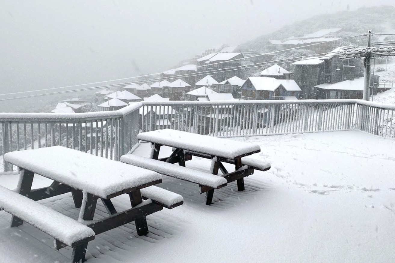 Mount Hotham under a blanket of early snow on Thursday morning.
