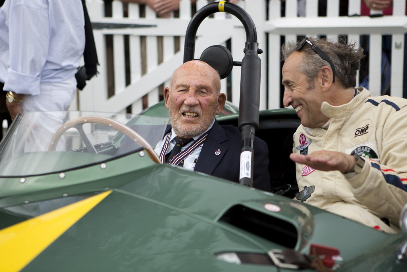 Sir Stirling Moss in an Aston Martin DB3S owned by Steve Boultbee Brooks at Goodwood in September 2016. 

