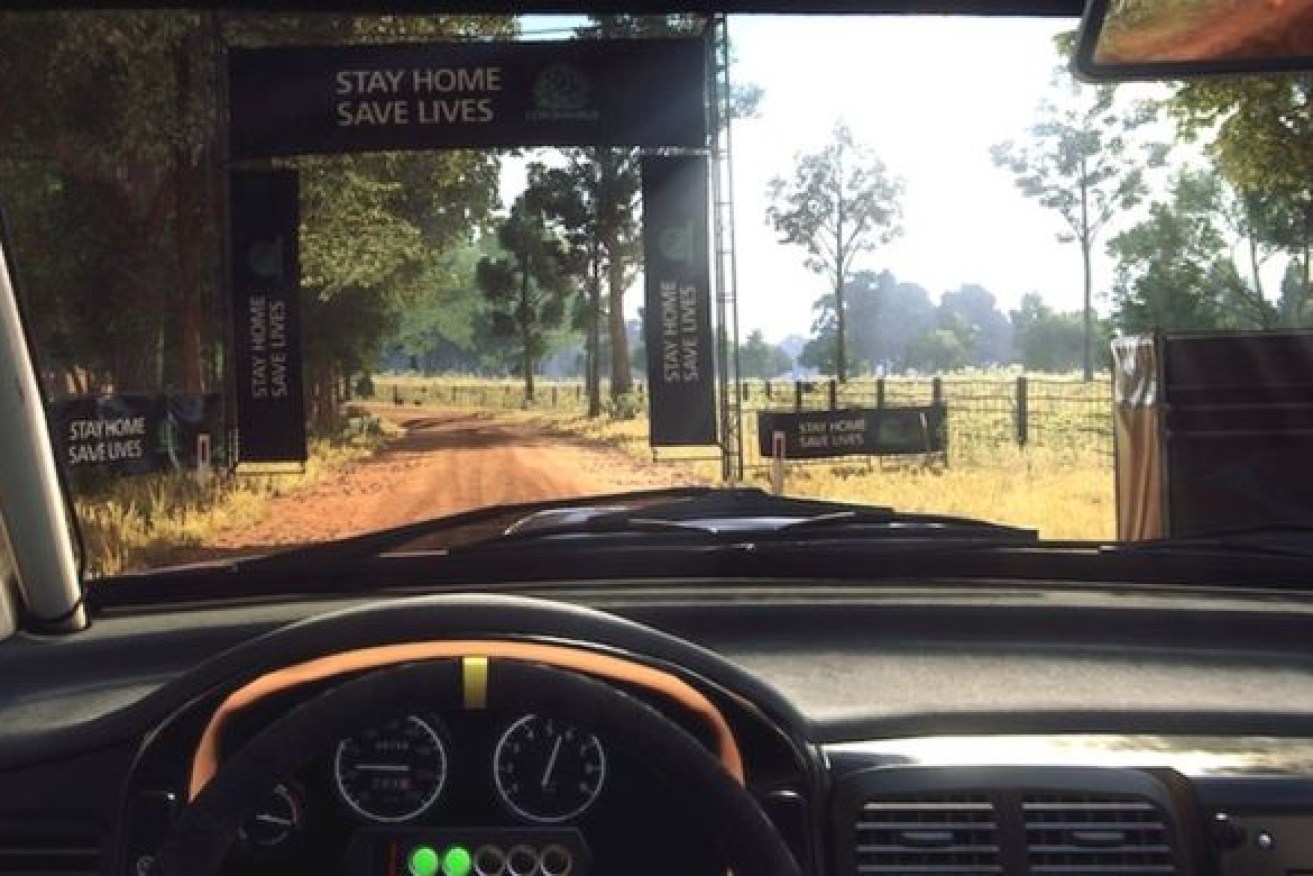 A coronavirus safety message displayed in the game Dirt Rally 2.0. 