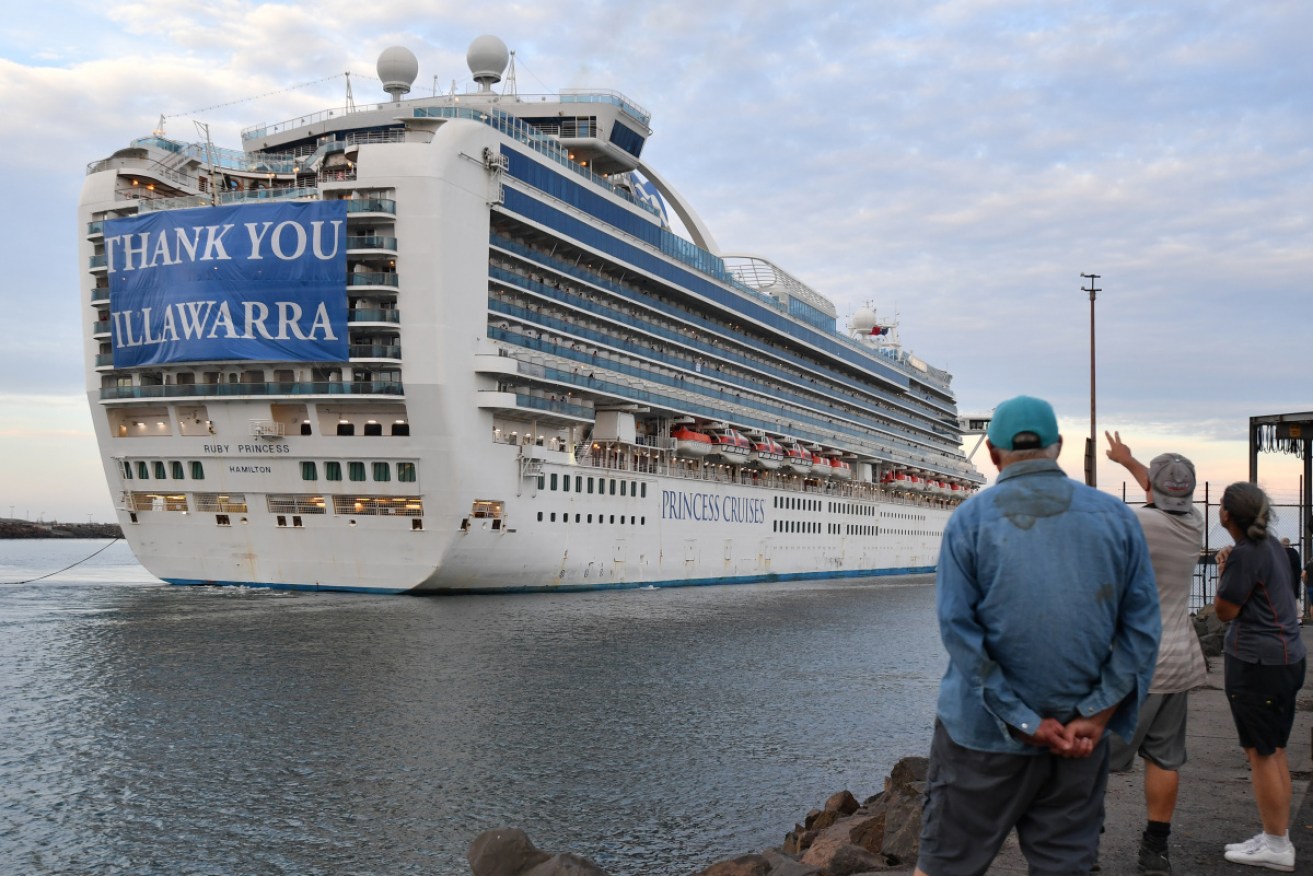 The Ruby Princess cruise ship as it departed Port Kembla. 
