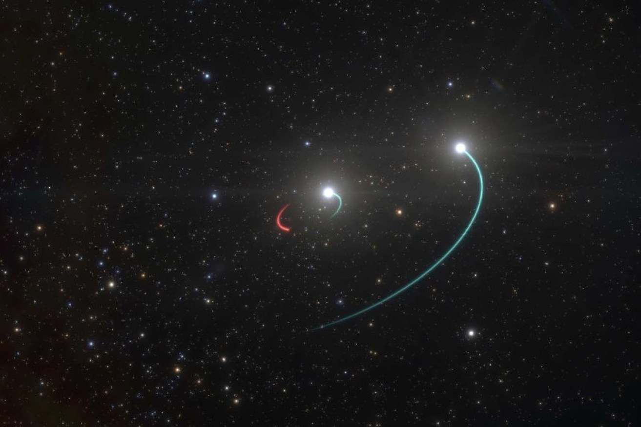 The red streak in this illustration shows the orbit of the newly discovered black hole. The blue line is its neighbouring stars.