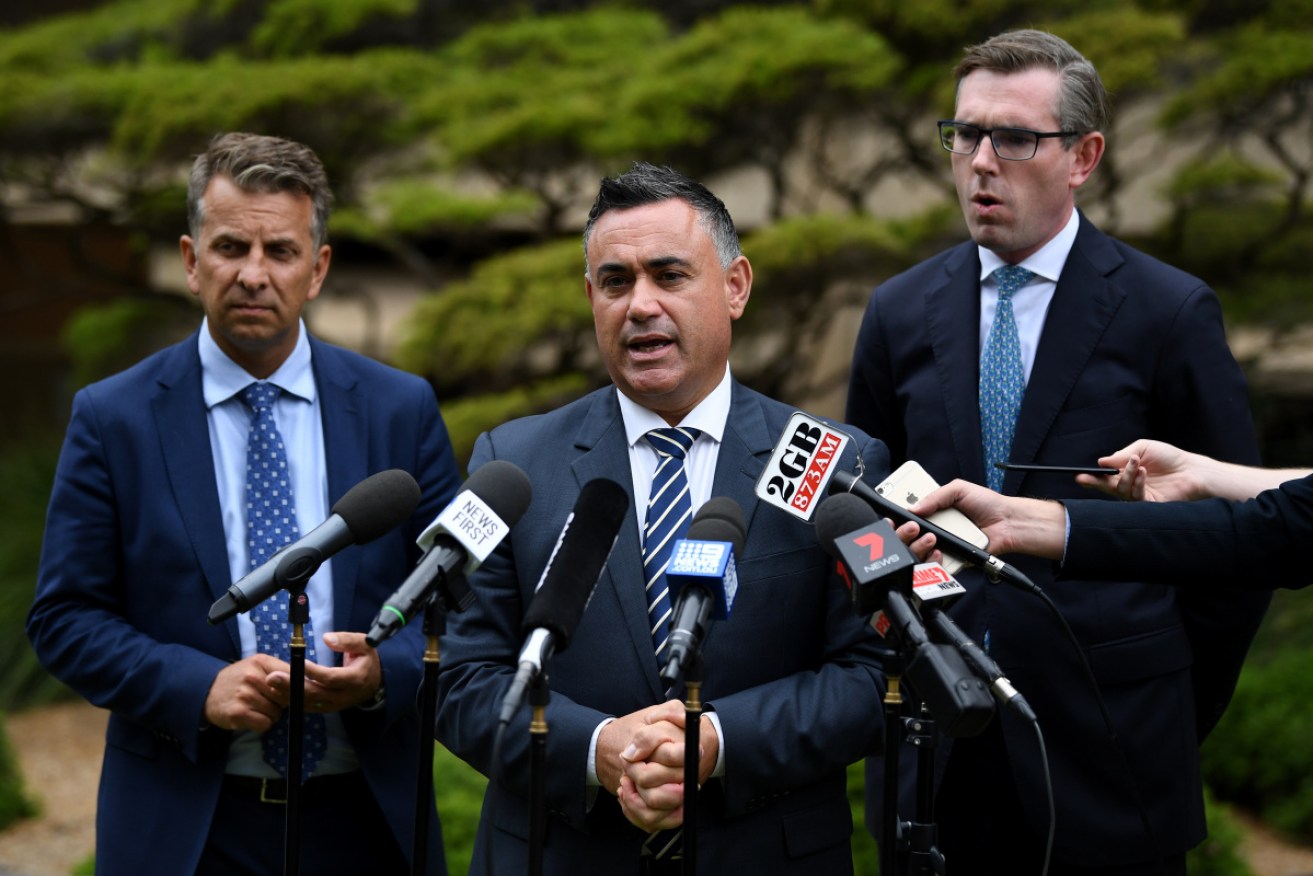 Andrew Constance with John Barilaro and NSW Treasurer Dominic Perrottet in March.