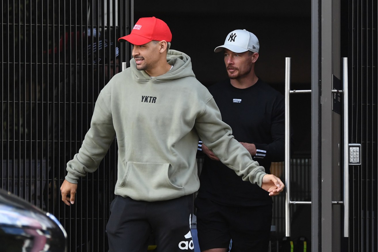 Rabbitohs players Cody Walker (left) and Damien Cook leave Redfern Oval in Sydney on May 5.