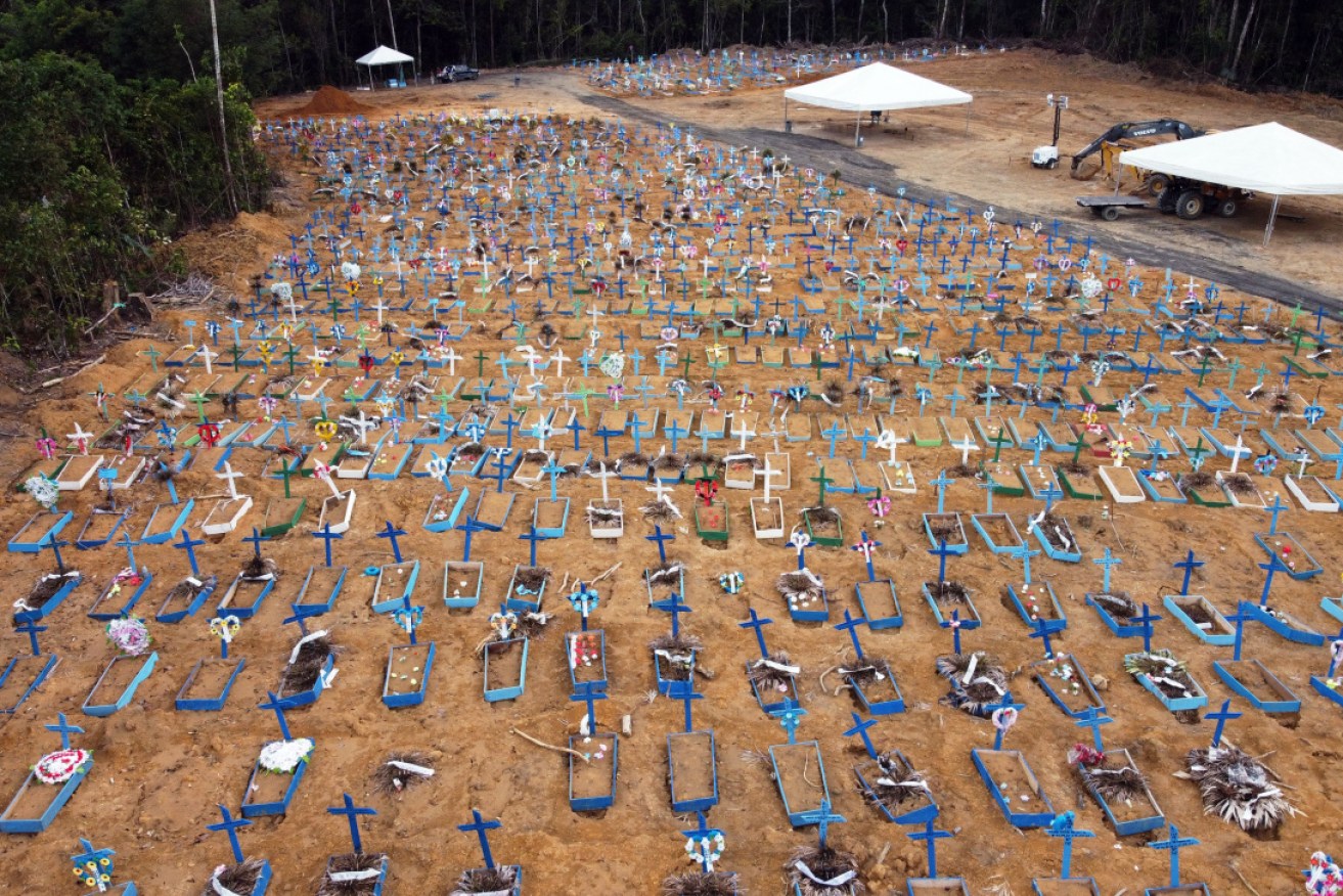 Aerial view of an area at the Nossa Senhora Aparecida cemetery where new graves have been dug in Manaus, Brazil.