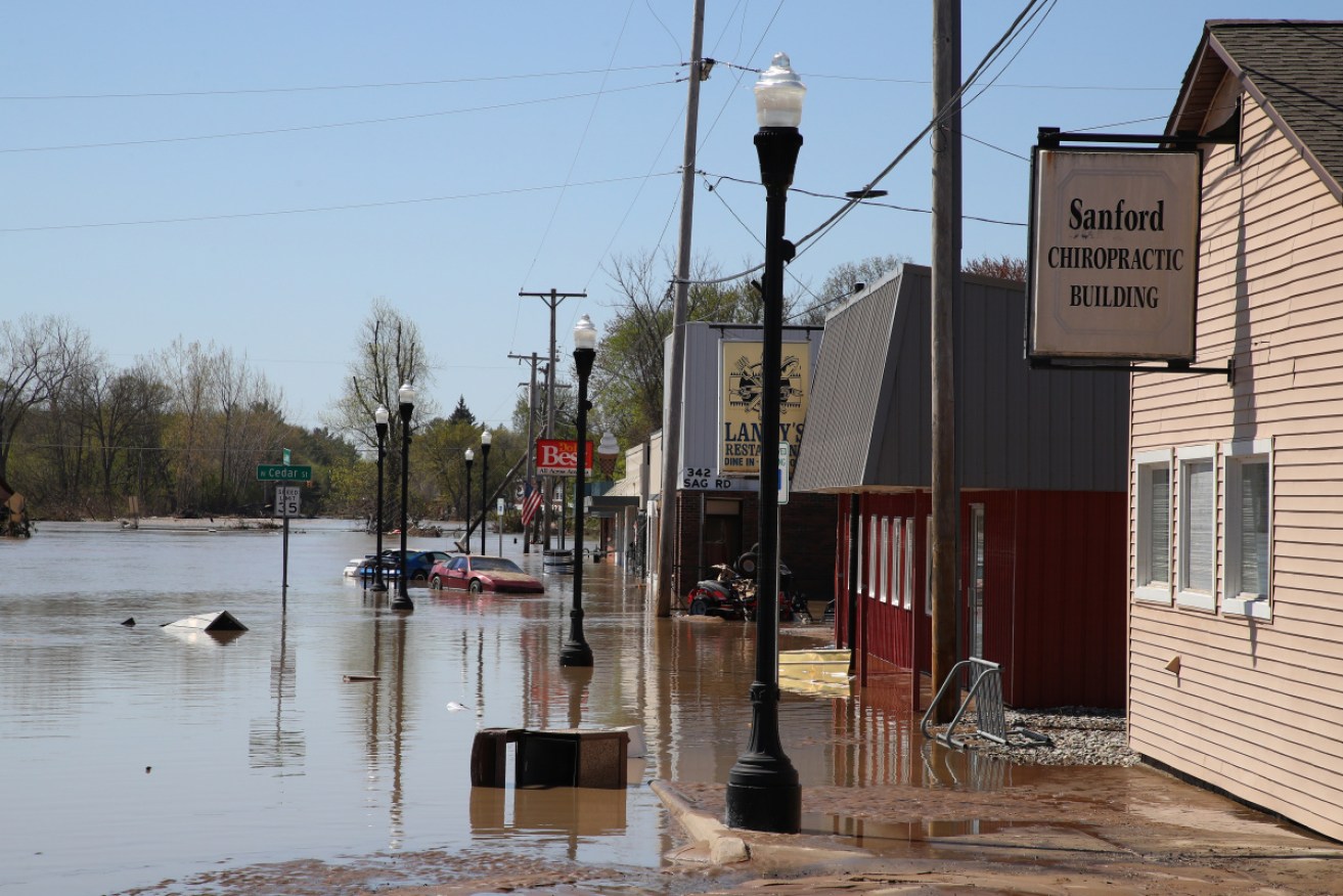 The flooded main street of the Michigan town of Sanford after the dams collapsed.