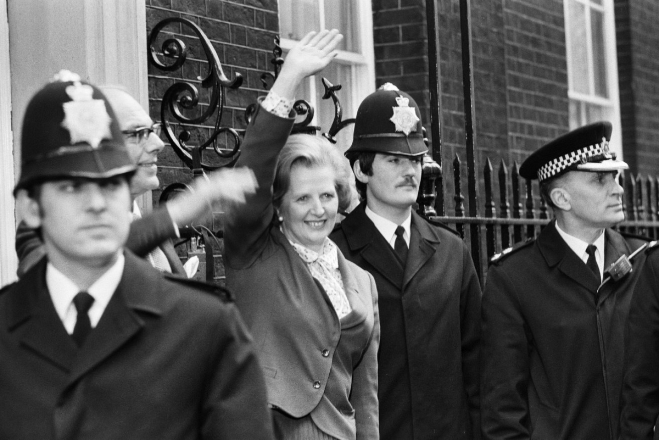 Margaret Thatcher enters 10 Downing Street after her historic election victory.