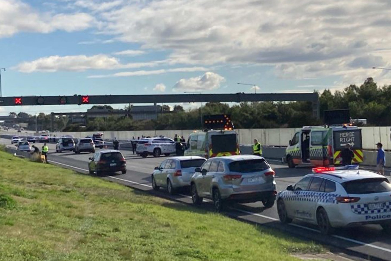 The scene on the Monash Freeway after Thursday morning's violent confrontation.