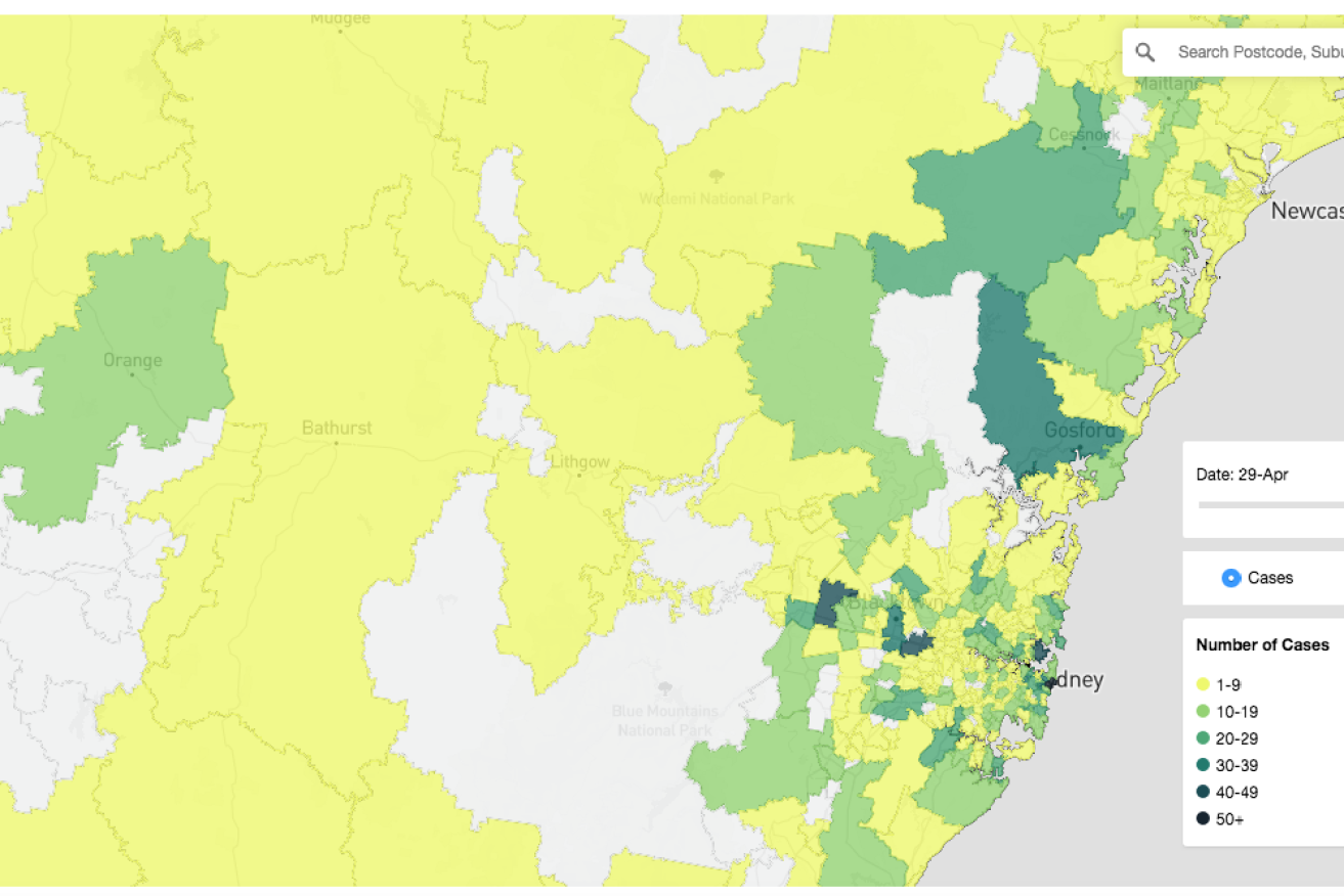 The maps show coronavirus cases, including recovered patients, by postcode across NSW.