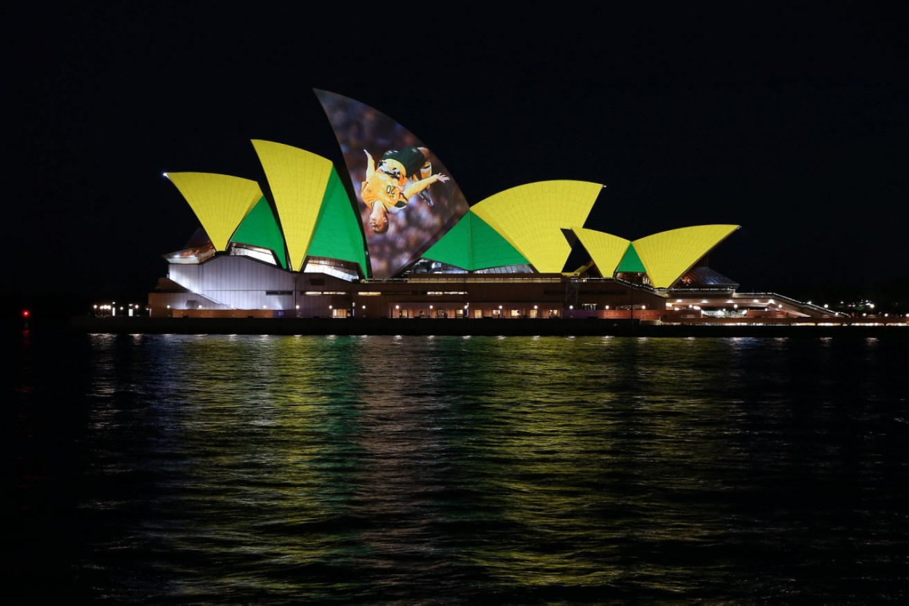 Back in town: Sam Kerr lights up the Sydney Opera House on Thursday night. 