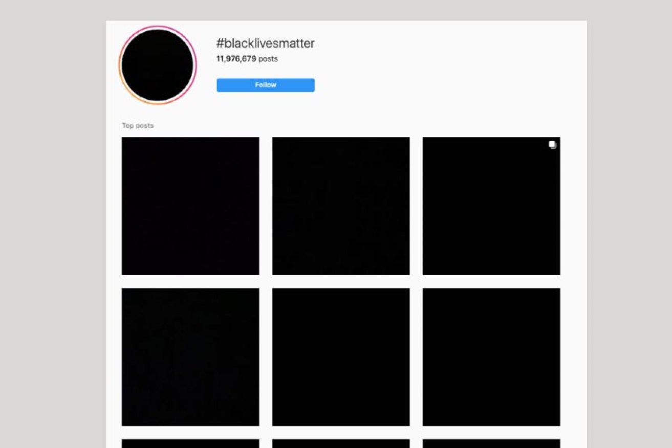 How the #blacklivesmatter hashtag on Instagram appeared once people started posting black tiles.