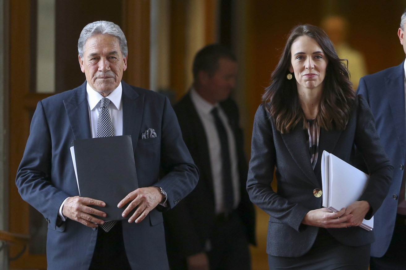 NZ PM Jacinda Ardern with deputy PM, Winston Peters, who has pleaded for the election to be delayed.