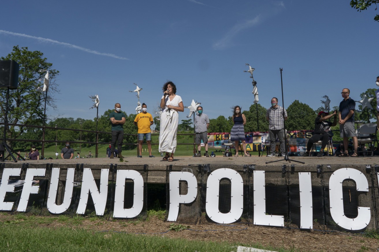 Minneapolis City Council 9th ward member Alondra Cano speaks to community members at ‘The Path Forward’ meeting at Powderhorn Park on Sunday local time.
