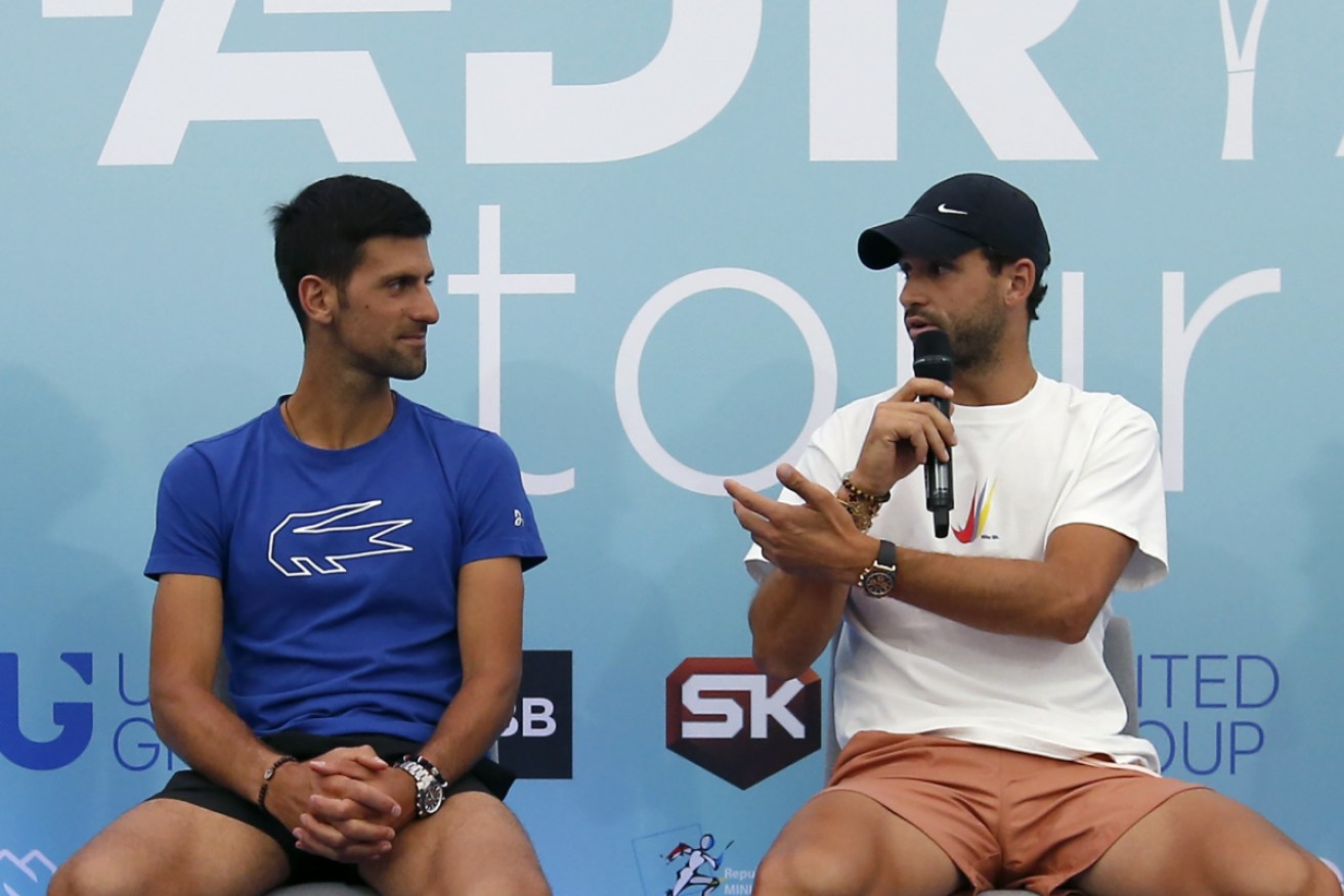 Serbia's Novak Djokovic and Bulgaria's Grigor Dimitrov at the launch of the charity event that was cancelled.