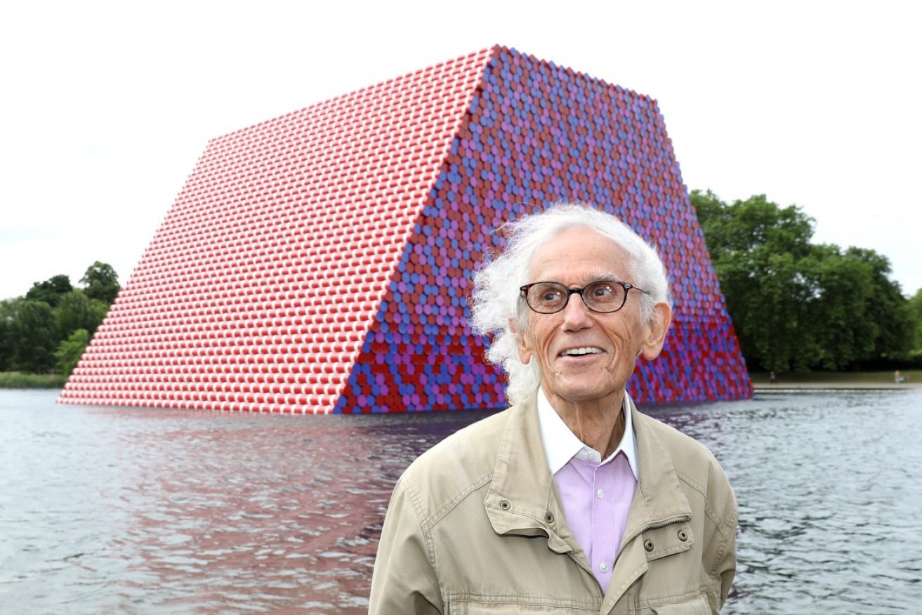 Artist Christo unveils his first UK outdoor work, a 20m-high installation on Serpentine Lake at London's Serpentine Gallery in June 2018.