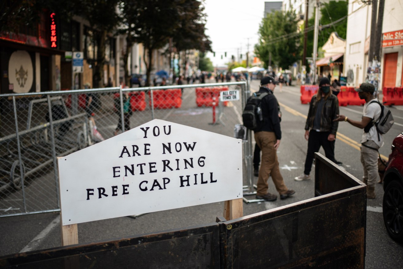 A barrier at the entrance of Seattle's "Capitol Hill Autonomous Zone".