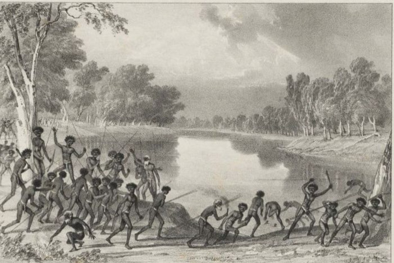 Major Thomas Mitchell depicted Aboriginal people by the Murray River with spears.