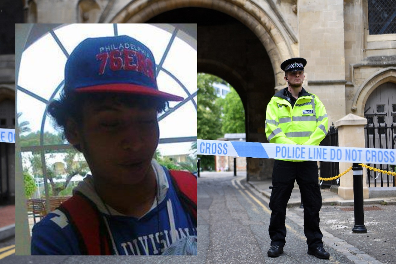 Police guard the scene of the Reading stabbing while the suspect (inset) is in custody.