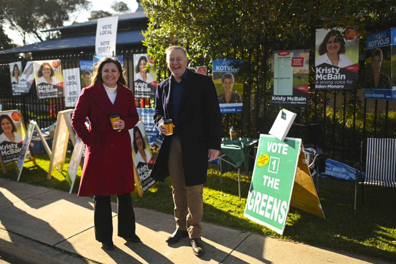 Labor candidate Kristy McBain, pictured with Anthony Albanese, is the slight favourite.