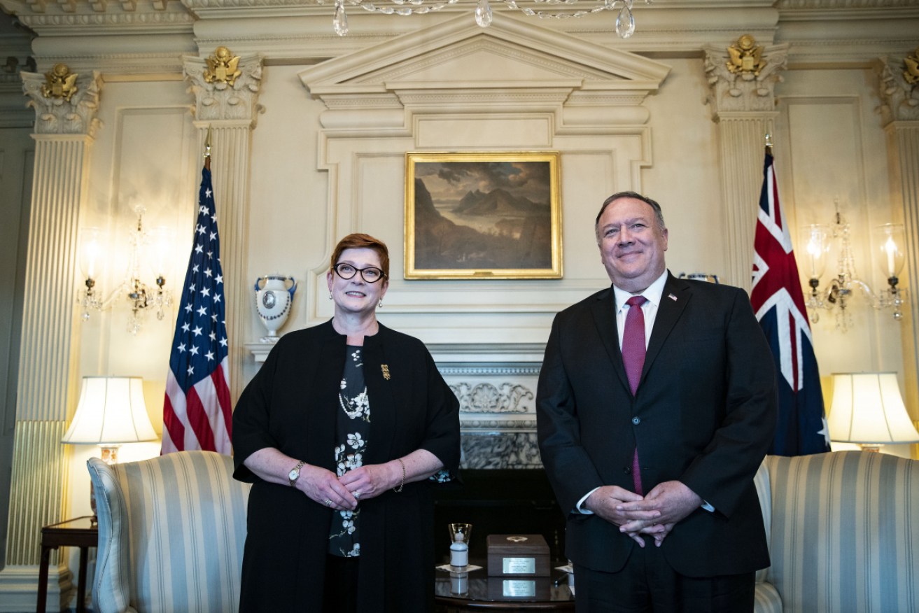 Foreign Minister Marise Payne with US Secretary of State Mike Pompeo in Washington on Tuesday. 