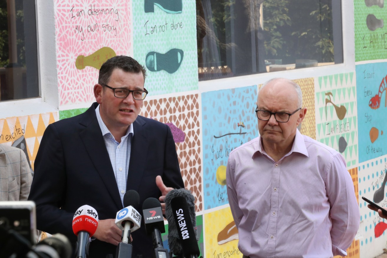 Victorian Premier Daniel Andrews and the Bushfire Recovery Victoria Chair Ken Lay speak to the media in Melbourne in January. 