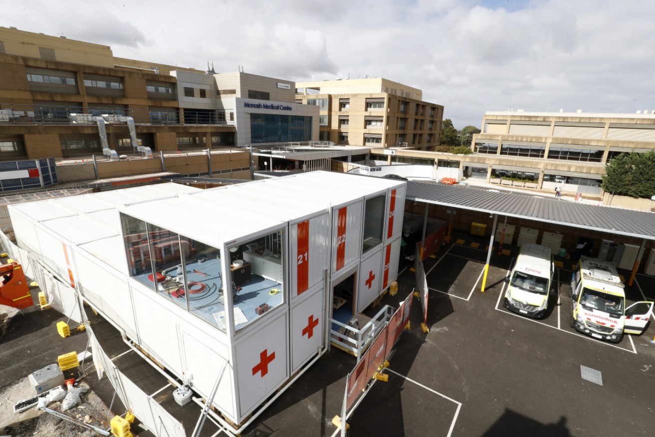 Monash Medical Centre, with its COVID resuscitation units in the foreground. 