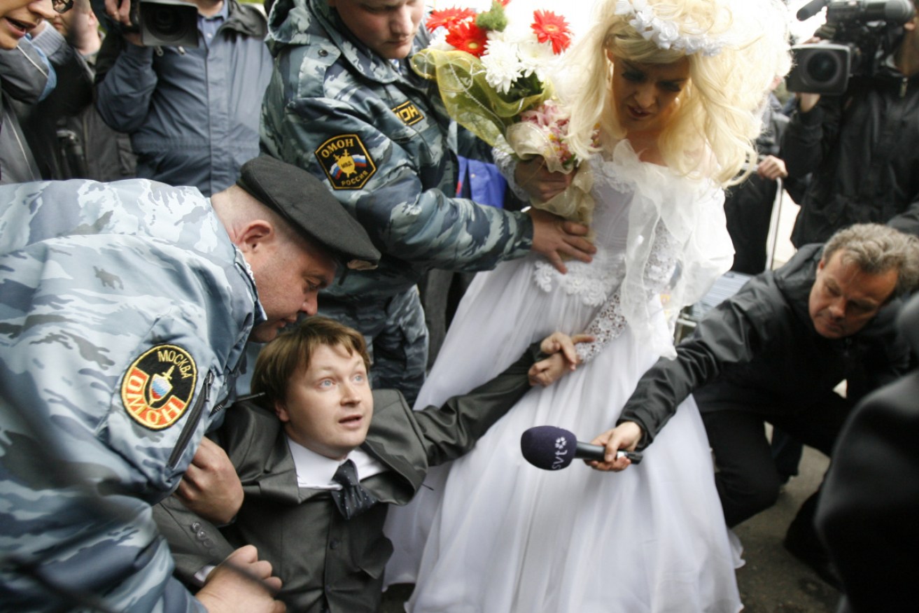 Police detain Russian gay rights leader Nikolai Alexeyev at an unsanctioned protest in Moscow in 2009.
