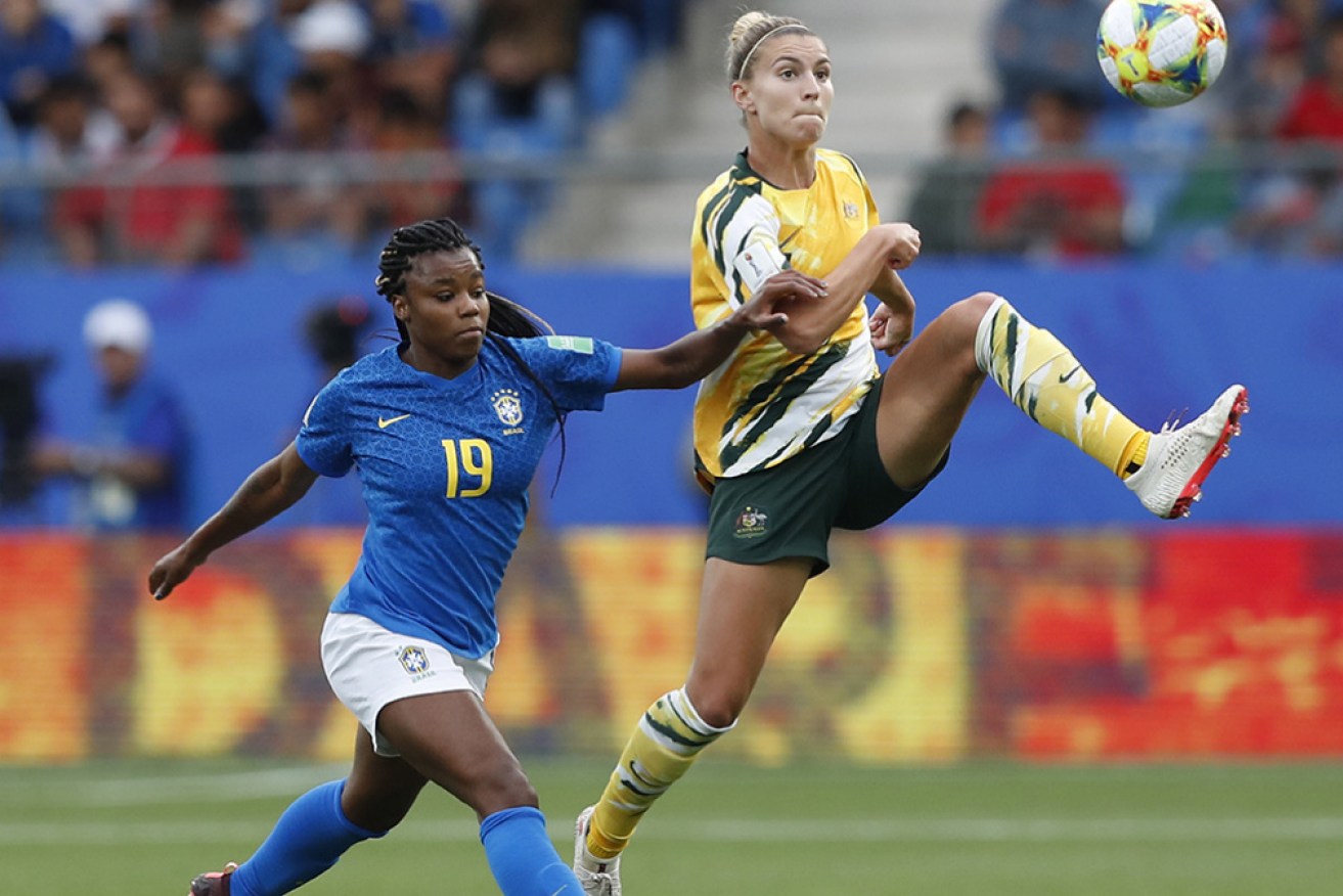 Brazil's Ludmila Da Silva is outmanoevred by Steph Catley at the 2019 Women's World Cup at Montpellier.