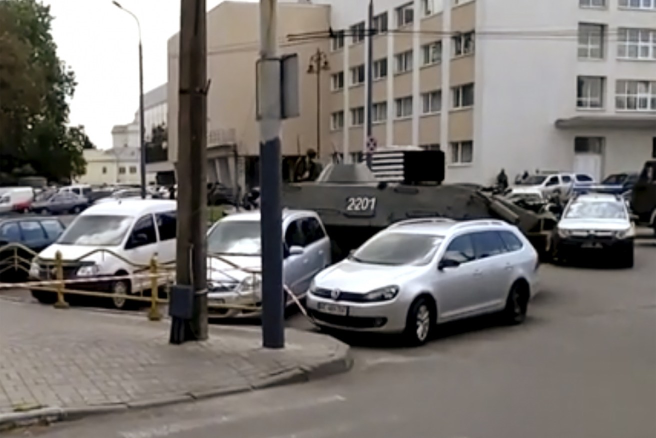 Streets are closed off in the centre of Lutsk after an armed man seized a bus and took some 20 people hostage on Tuesday. 