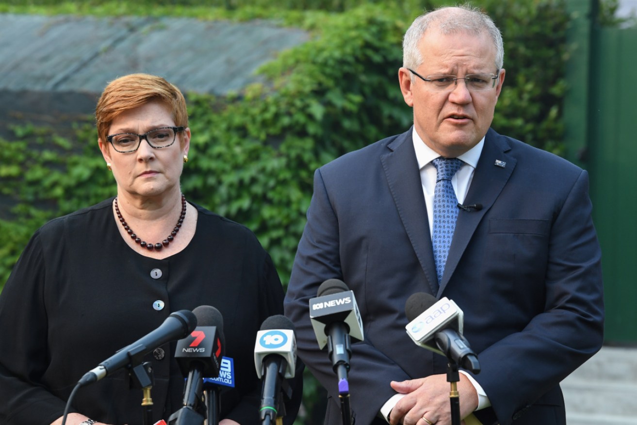 Foreign Minister Marise Payne, pictured with Scott Morrison. She has denied any involvement in the texts leaked this week.