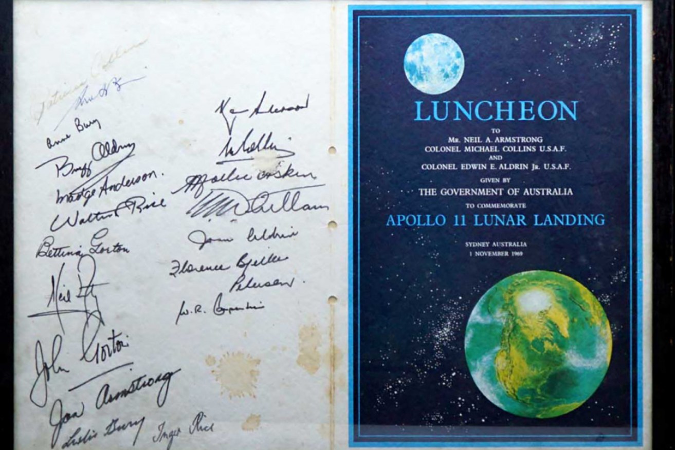  A signed 1969 post-moon landing world tour luncheon schedule signed by astronauts Neil Armstrong, Buzz Aldrin and former Prime Minister John Gorton. 