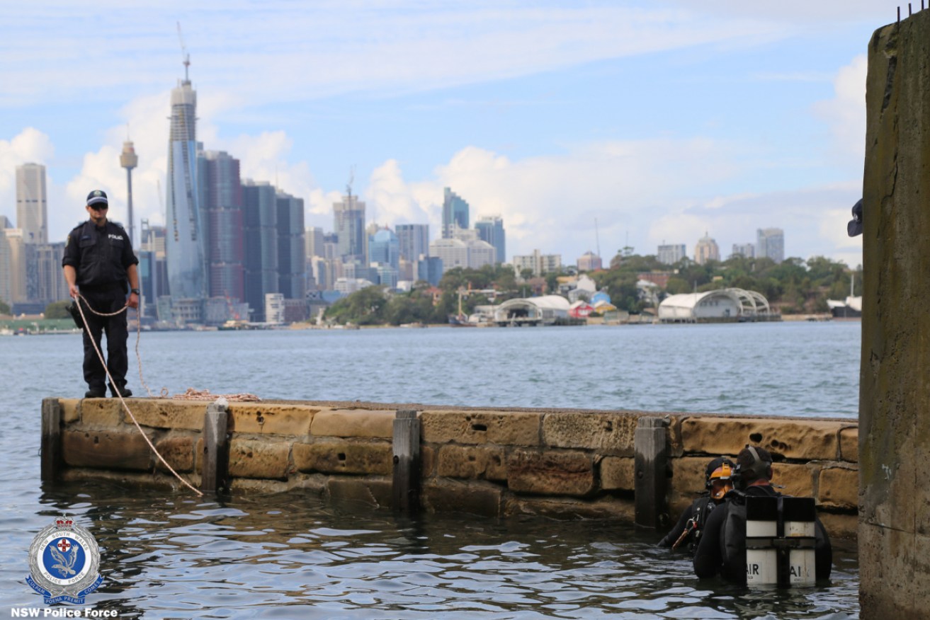 NSW Police divers conduct an underwater search near Manns Point Park, Sydney. 