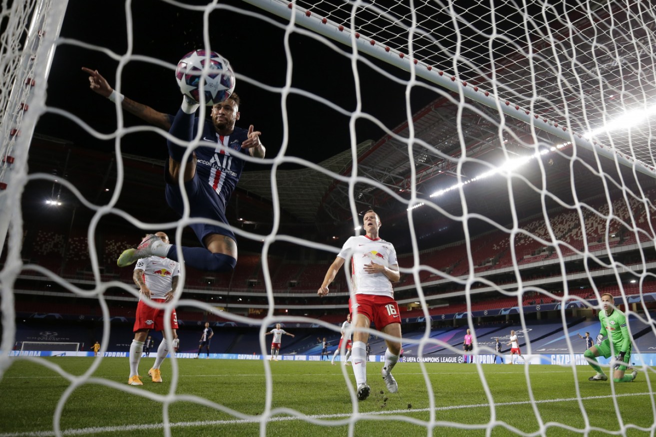 Juan Bernat's header crosses the line before teammate Neymar can get to it as PSG defeat RB Leipzig 3-0.