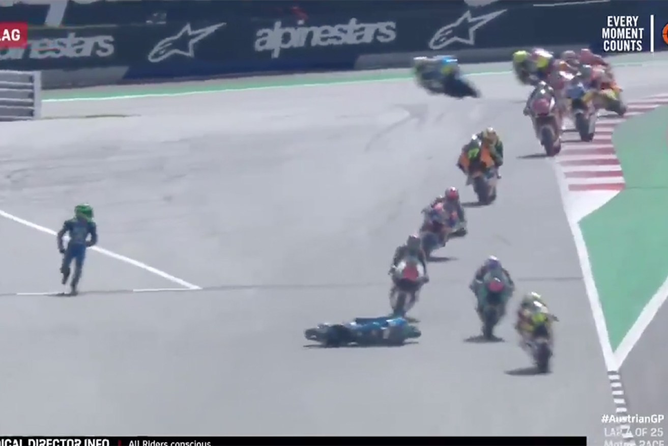 A moment before the spectacular Moto2 crash.  