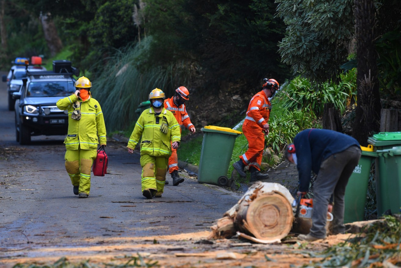 SES and CFA personnel assess property damage in Belgrave, Melbourne, on Friday.