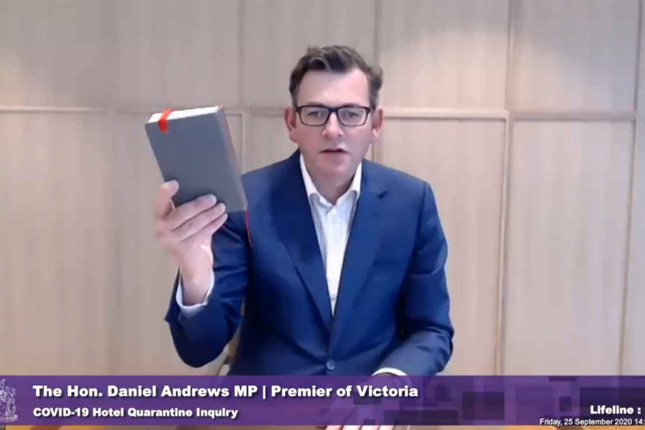 Daniel Andrews is sworn in to give evidence to the hotel inquiry on Friday afternoon.