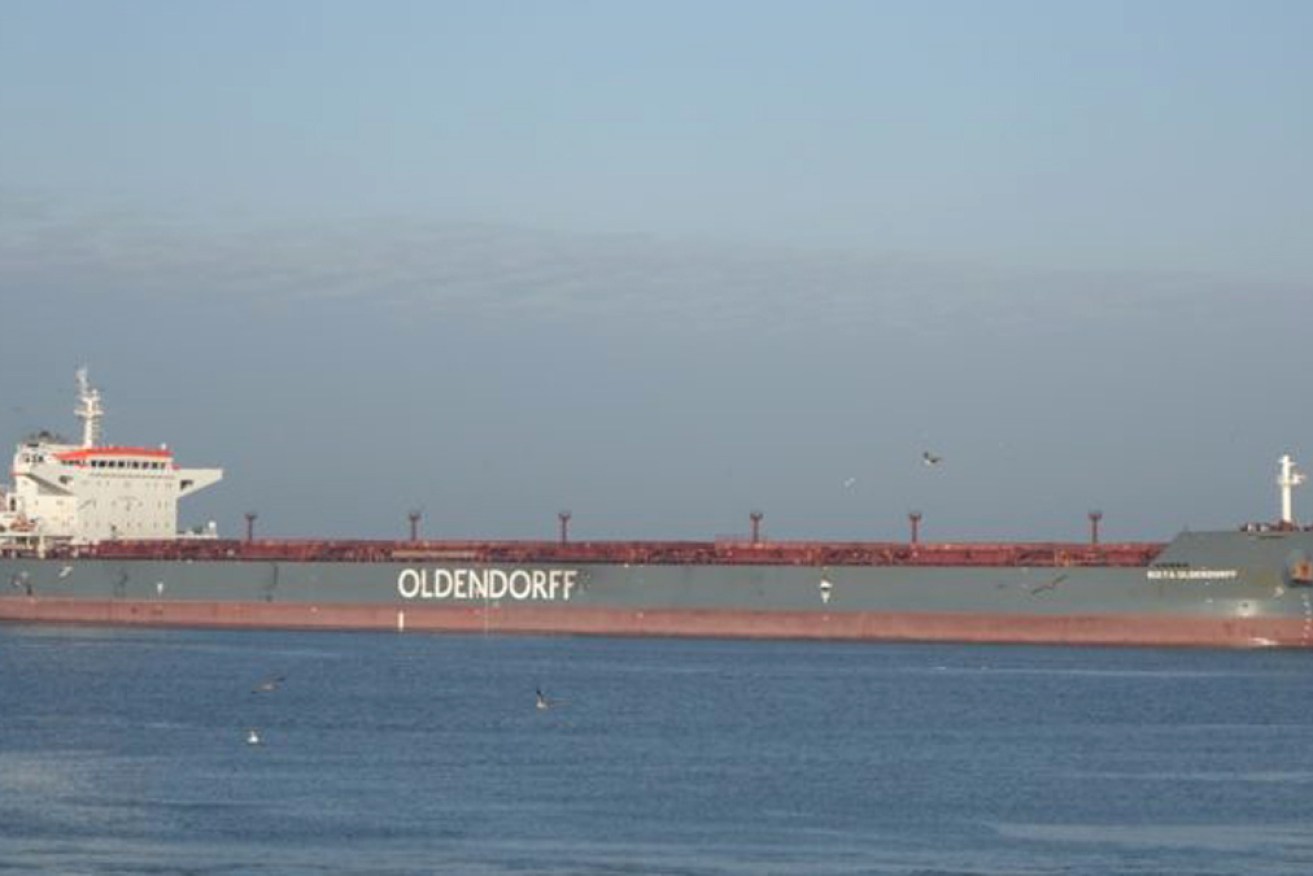 The Patricia Oldendorff remains anchored off Port Hedland, with a skeleton crew on board. Photo: Oldendorff Carriers