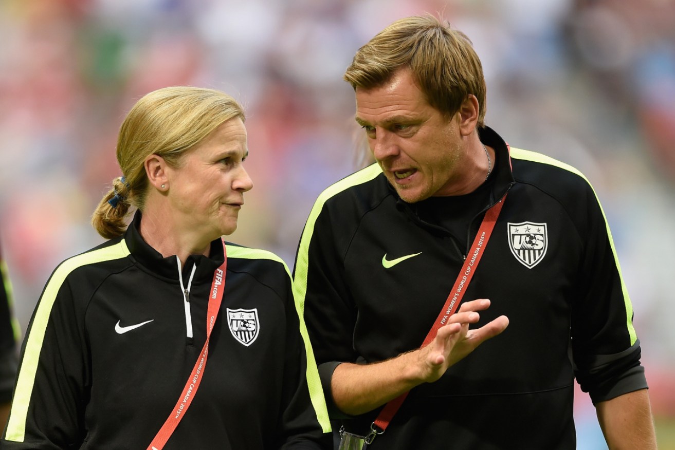 US coach Jill Ellis with Tony Gustavsson at the 2015 World Cup in Vancouver, Canada.