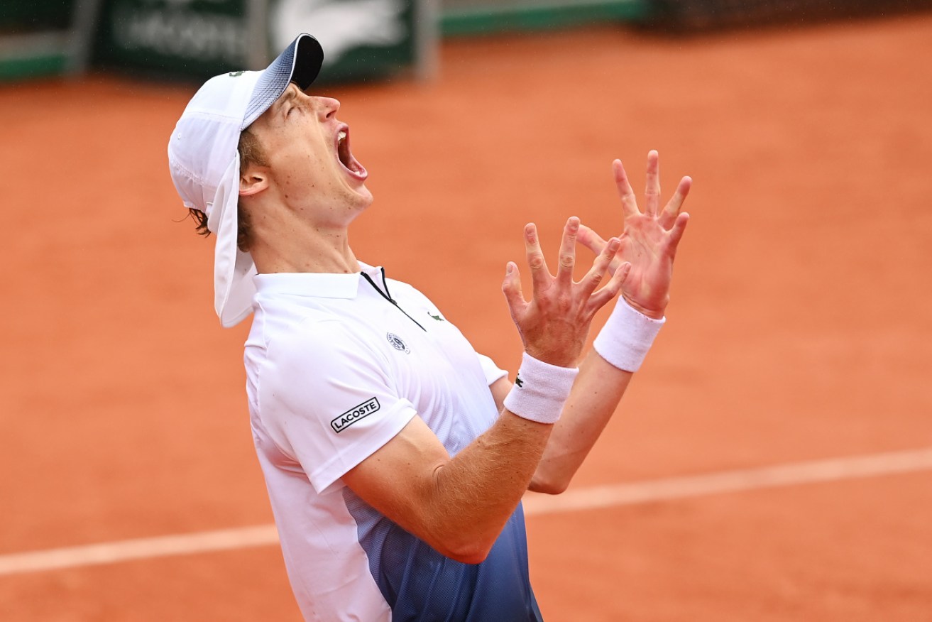 Marc Polmans celebrates his first-round win over Ugo Humbert on day three of the French Open. 